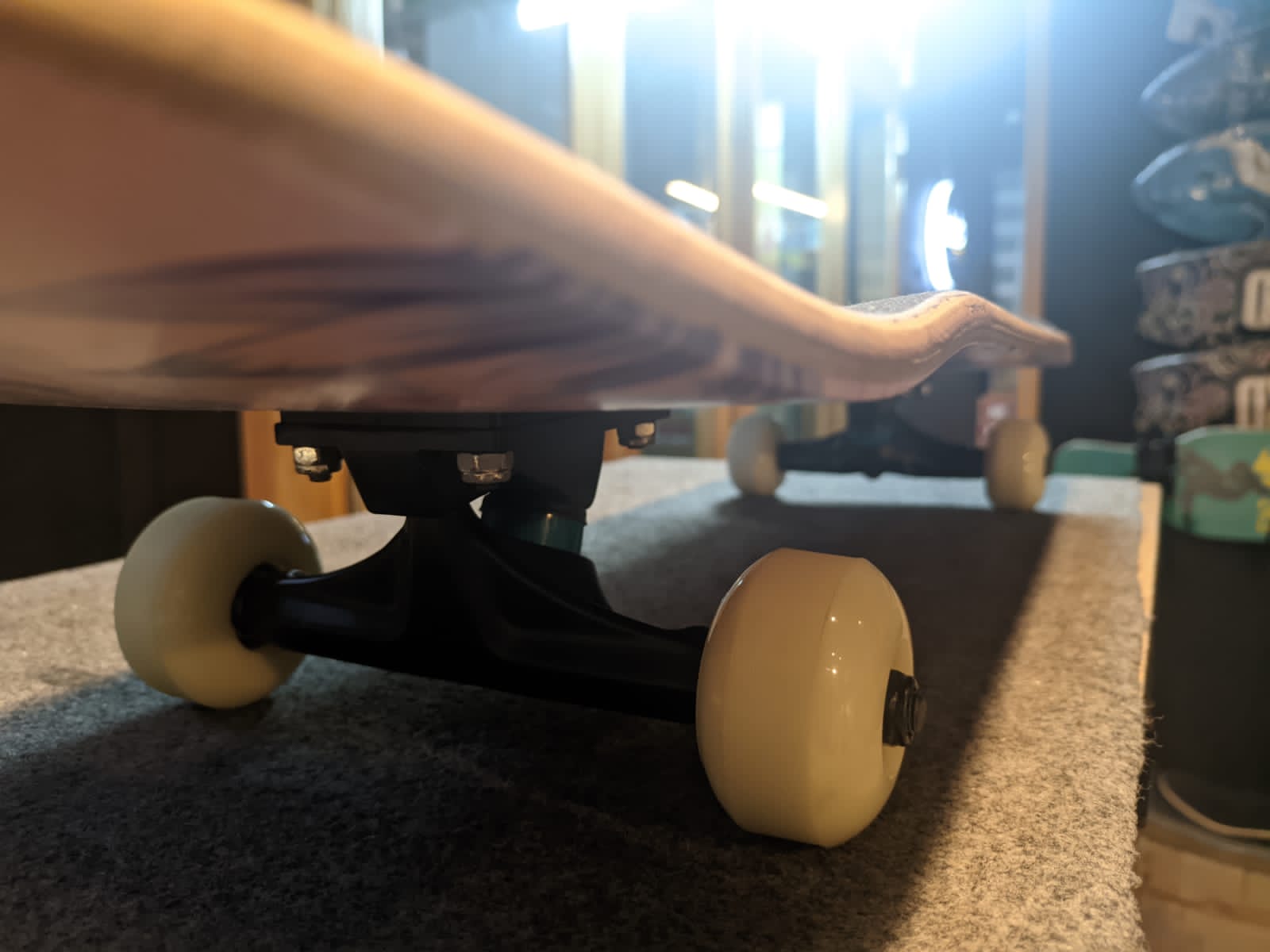 The trucks on your skateboard should not be wider than the deck since that would affect stability and make tricks difficult.